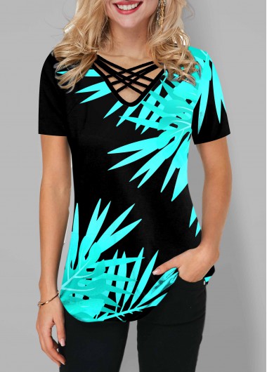 Cyan tops,Plants tops,ROTITA Cross Strap Leaf Print Short Sleeve T Shirt