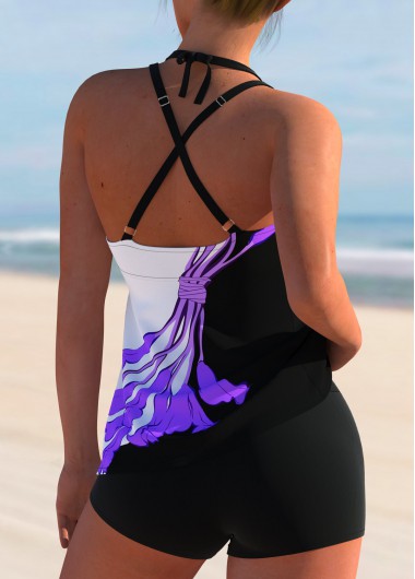Purple swimwear,Floral swimwear,ROTITA Cross Strap Floral Print Tankini Set