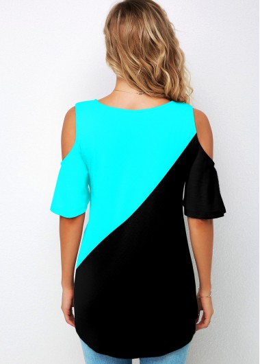Multi Color tops,Contrast Color tops,ROTITA Round Neck Cold Shoulder Flare Sleeve T Shirt