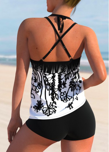 Black swimwear,Floral swimwear,ROTITA Halter Spaghetti Strap Floral Print Tankini Set 
