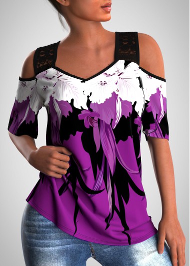 Hot Pink tops,Floral tops,ROTITA Cold Shoulder Lace Stitching Floral Print T Shirt