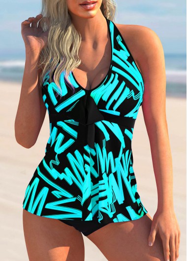 Cyan swimwear,Floral swimwear,ROTITA Halter Printed Bowknot Detail Tankini Set 