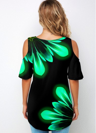 Green tops,Floral tops,ROTITA Floral Print Colorful Cold Shoulder T Shirt