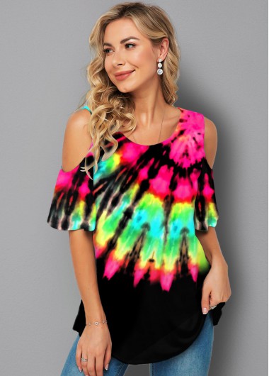 Multi Color tops,Tie Dye tops,ROTITA Cold Shoulder Tie Dye Print Half Sleeve T Shirt