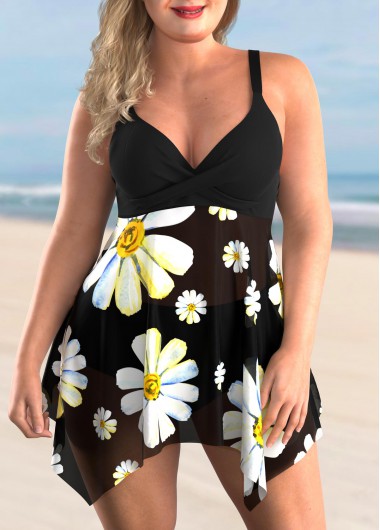 Black plus size,Floral plus size,ROTITA Daisy Print Plus Size Hanky Hem Swimdress and Panty 
