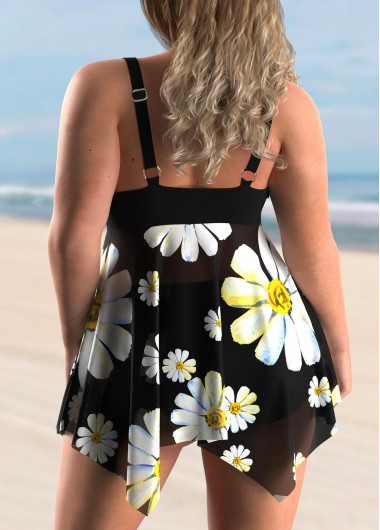 Black plus size,Floral plus size,ROTITA Daisy Print Plus Size Hanky Hem Swimdress and Panty 