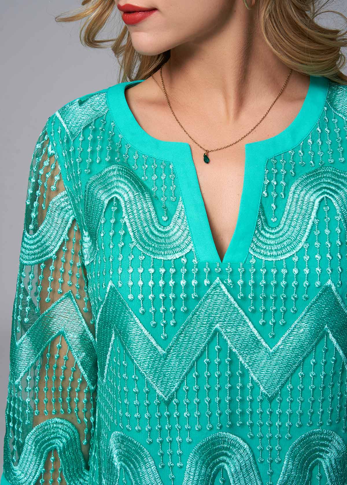 Green tops,Plain Color tops,ROTITA Embroidered 3/4 Sleeve Split Neck Blouse