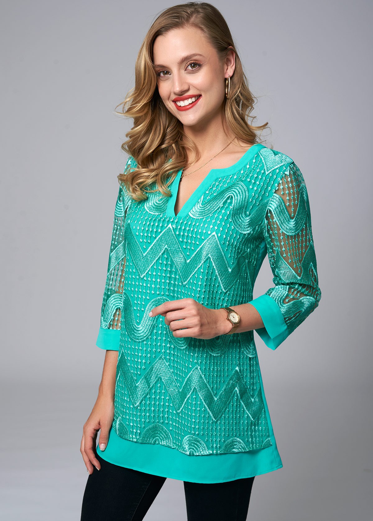 Green tops,Plain Color tops,ROTITA Embroidered 3/4 Sleeve Split Neck Blouse