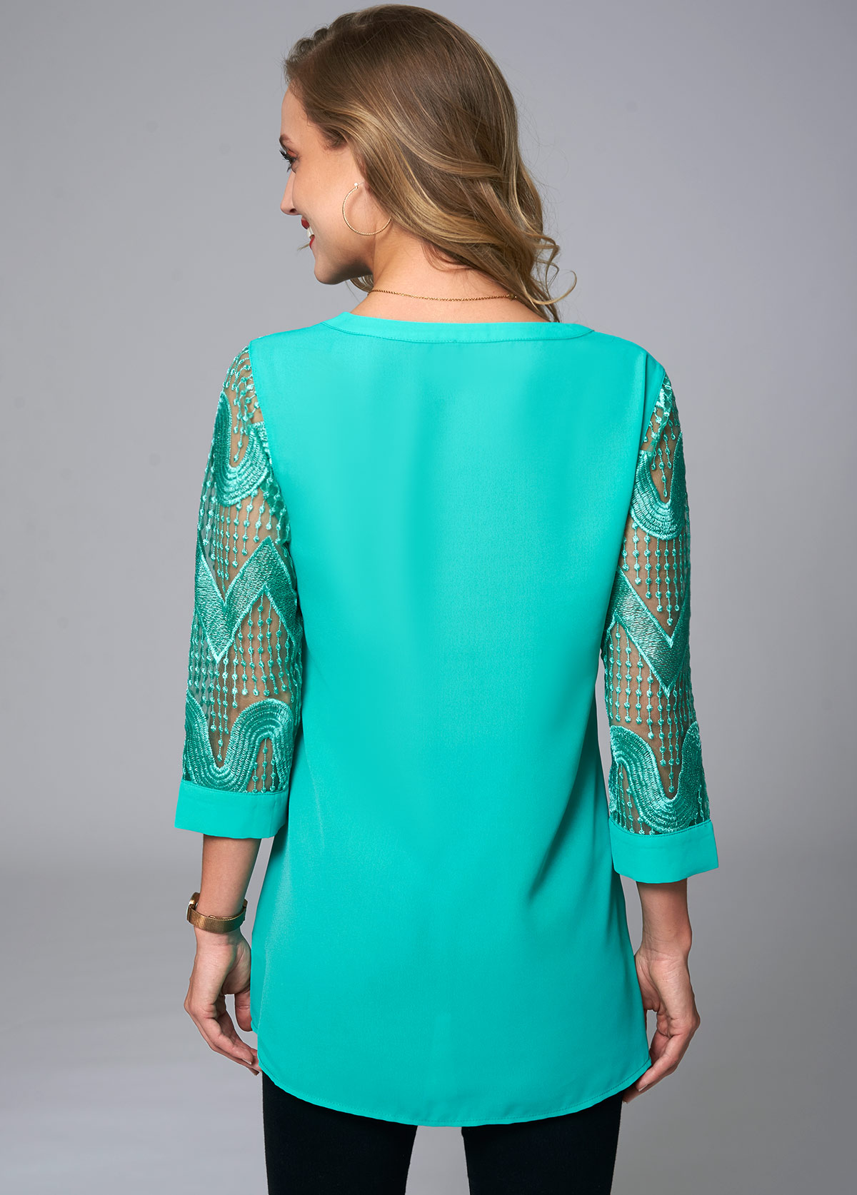 Green tops,Plain Color tops,ROTITA Embroidered 3/4 Sleeve Split Neck Blouse