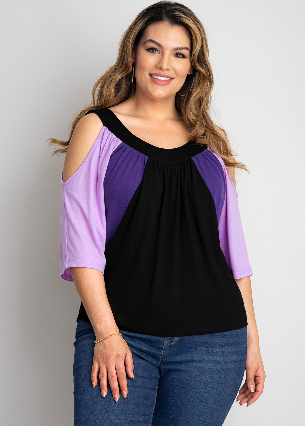 Multi Color plus size,Contrast Color plus size,ROTITA Contrast Plus Size Cold Shoulder T Shirt