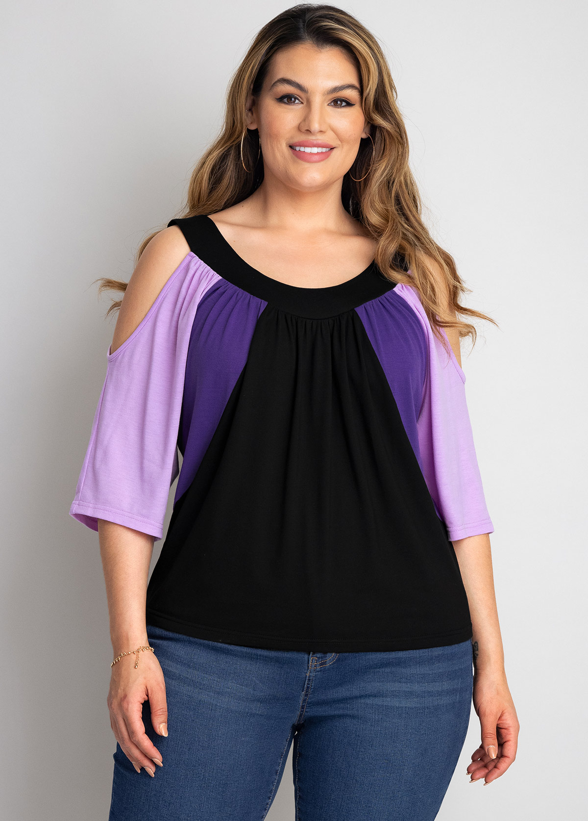 Multi Color plus size,Contrast Color plus size,ROTITA Contrast Plus Size Cold Shoulder T Shirt