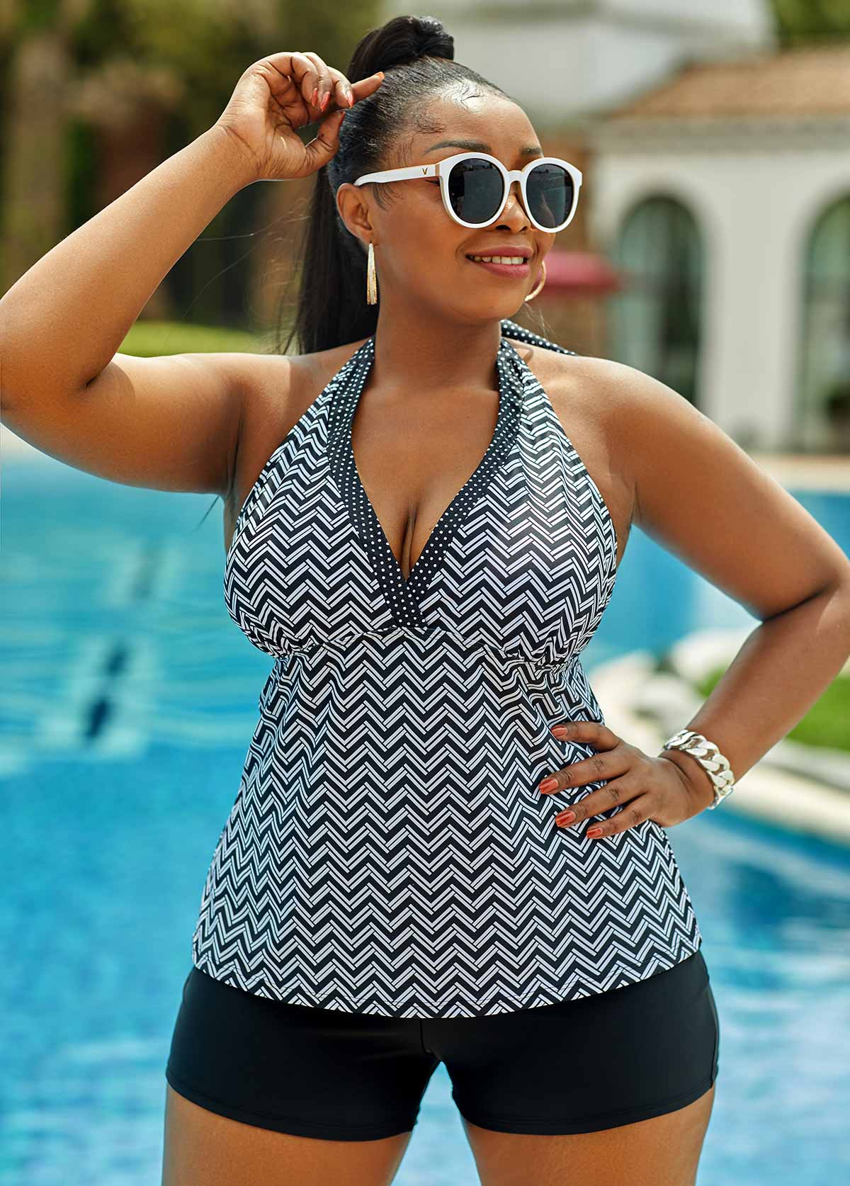 Black plus size,Geometric plus size,ROTITA Plus Size Lace Up High Waisted Geometric Tankini Set 