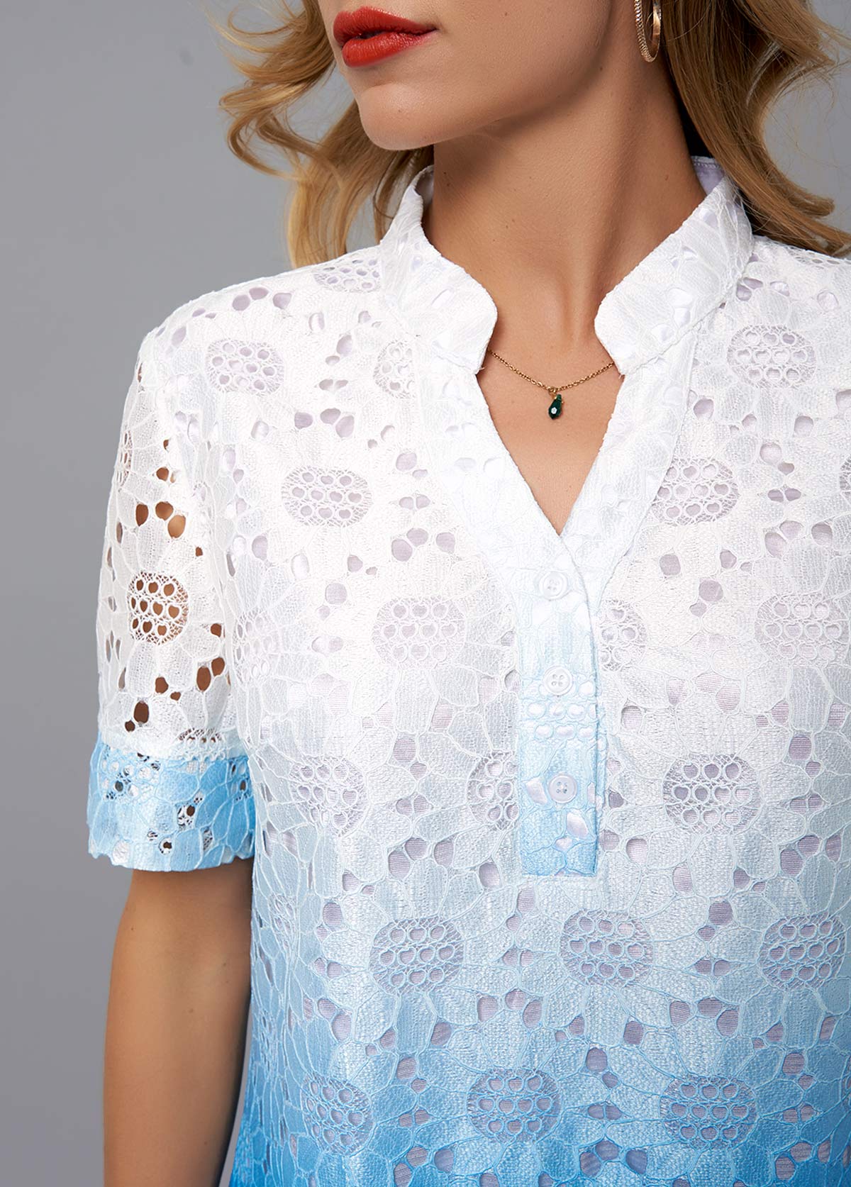 Multi Color tops,Tie Dye tops,ROTITA Split Neck Tie Dye Print Lace Blouse