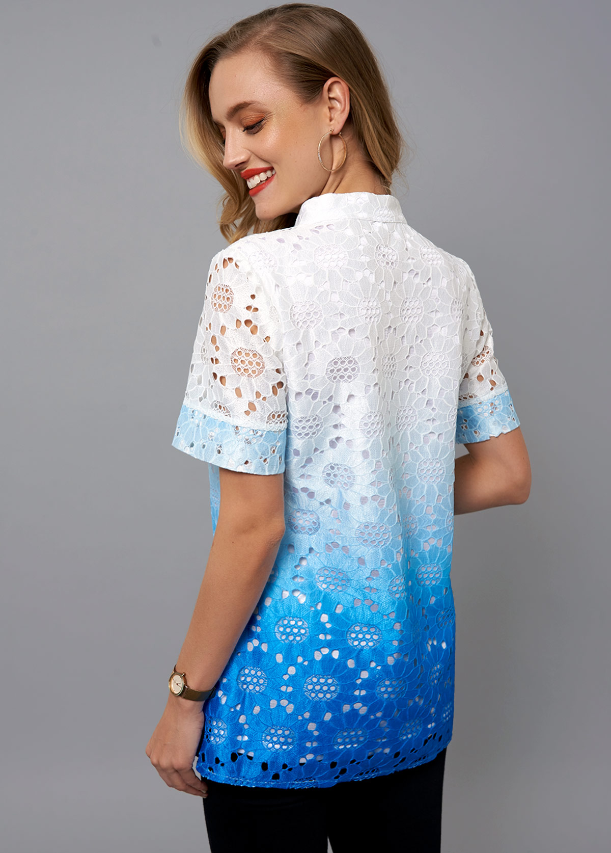 Multi Color tops,Tie Dye tops,ROTITA Split Neck Tie Dye Print Lace Blouse