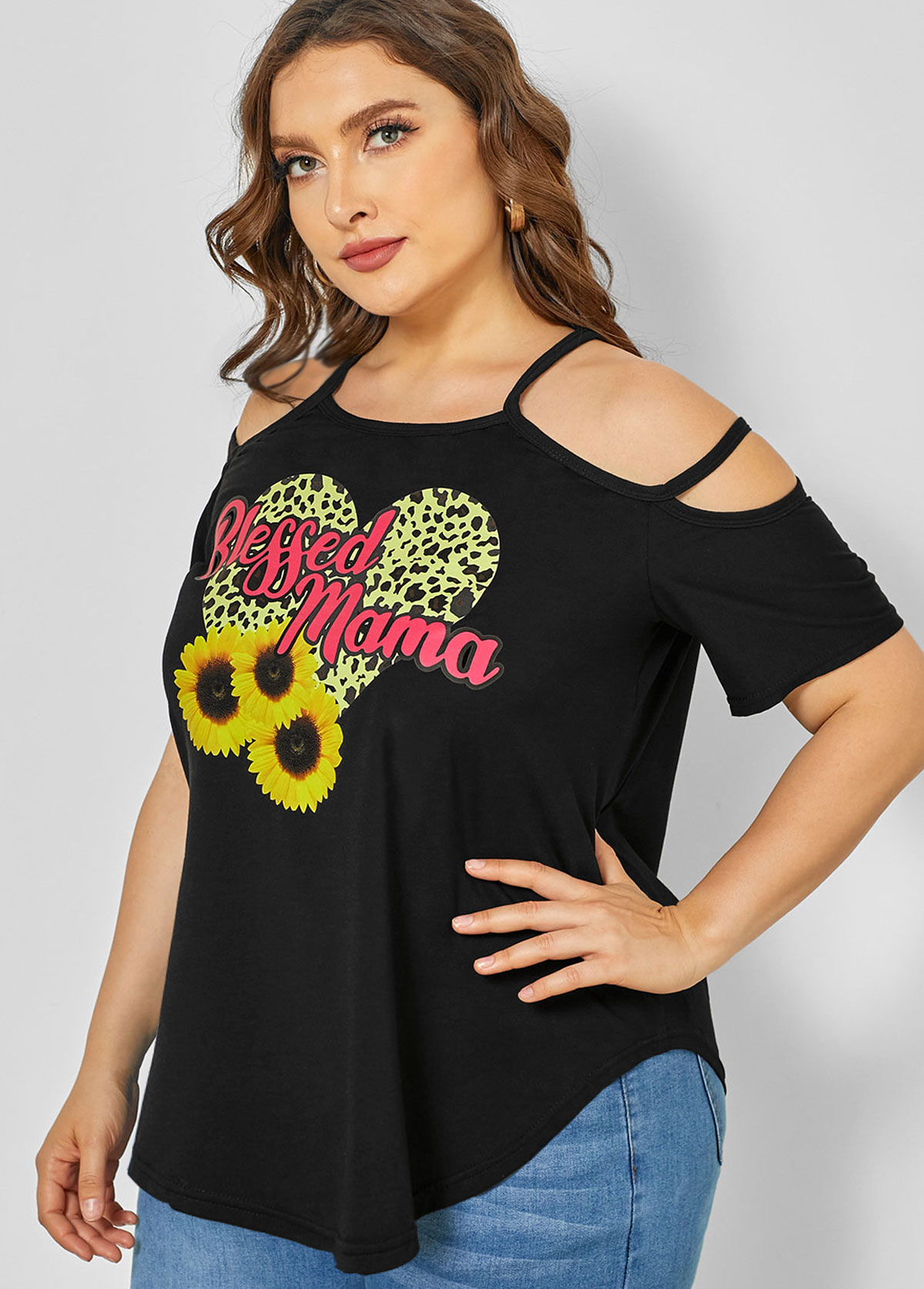 Black plus size,Leopard plus size,ROTITA Strappy Cold Shoulder Plus Size Sunflower Print T Shirt
