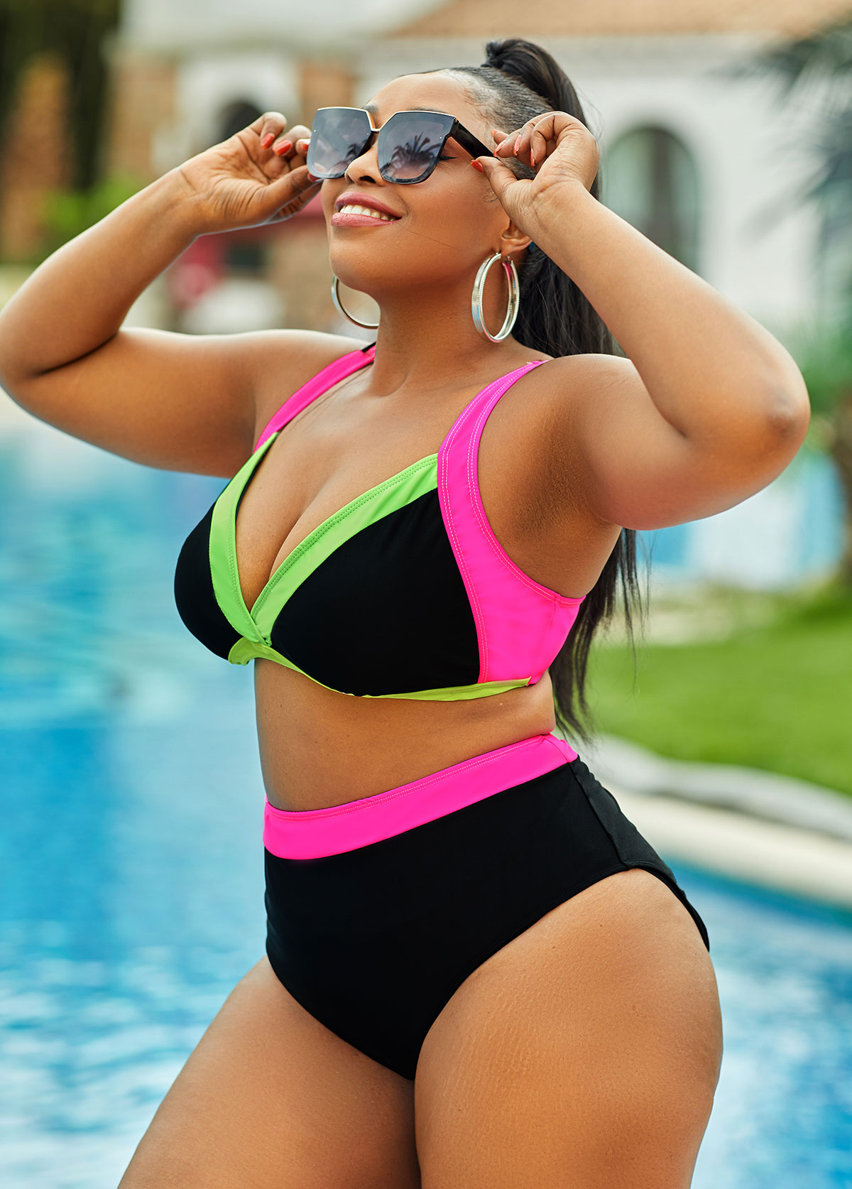 Black plus size,Contrast Color plus size,ROTITA Contrast Plus Size High Waisted Bikini Set 