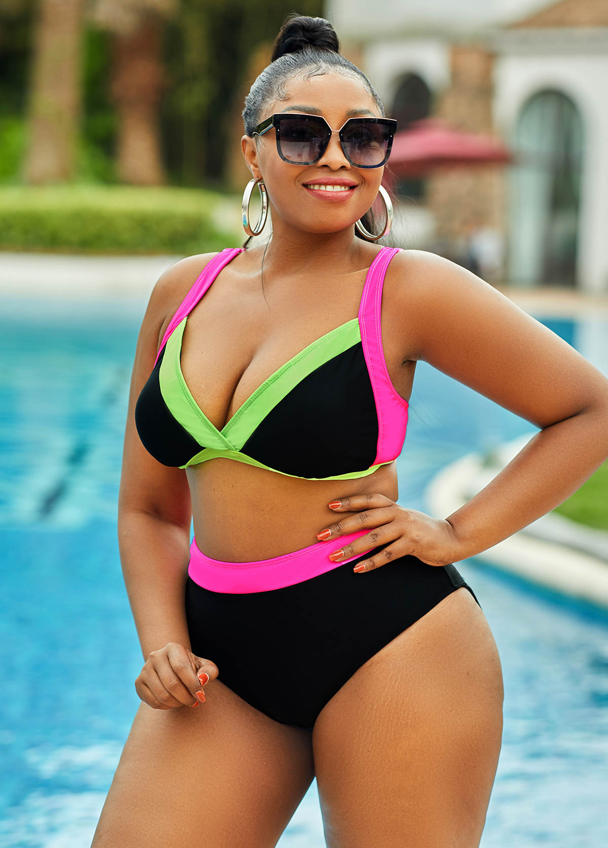 Black plus size,Contrast Color plus size,ROTITA Contrast Plus Size High Waisted Bikini Set 