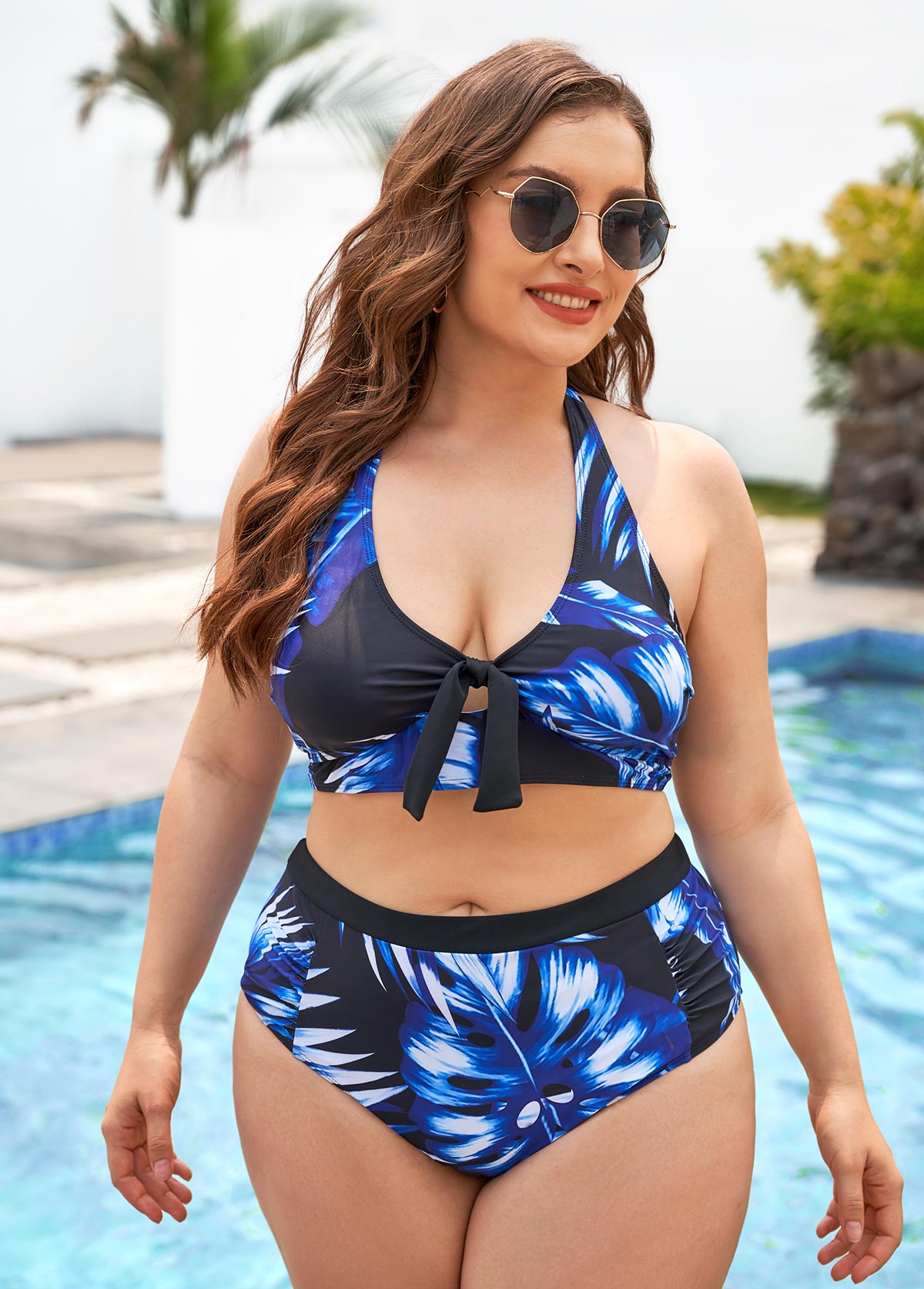 Blue plus size,Plants plus size,ROTITA Leaf Print Plus Size High Waisted Bikini Set