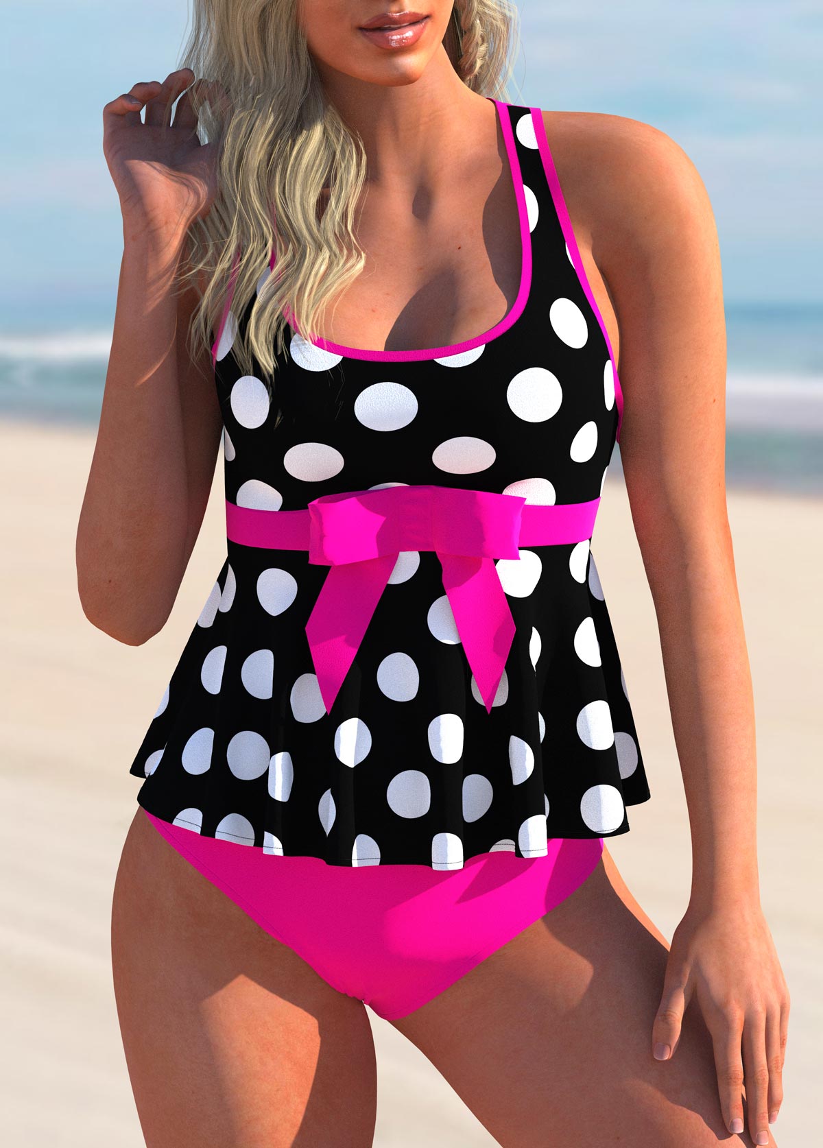 Hot Pink swimwear,Dot swimwear,ROTITA Contrast Bowknot Polka Dot Tankini Set
