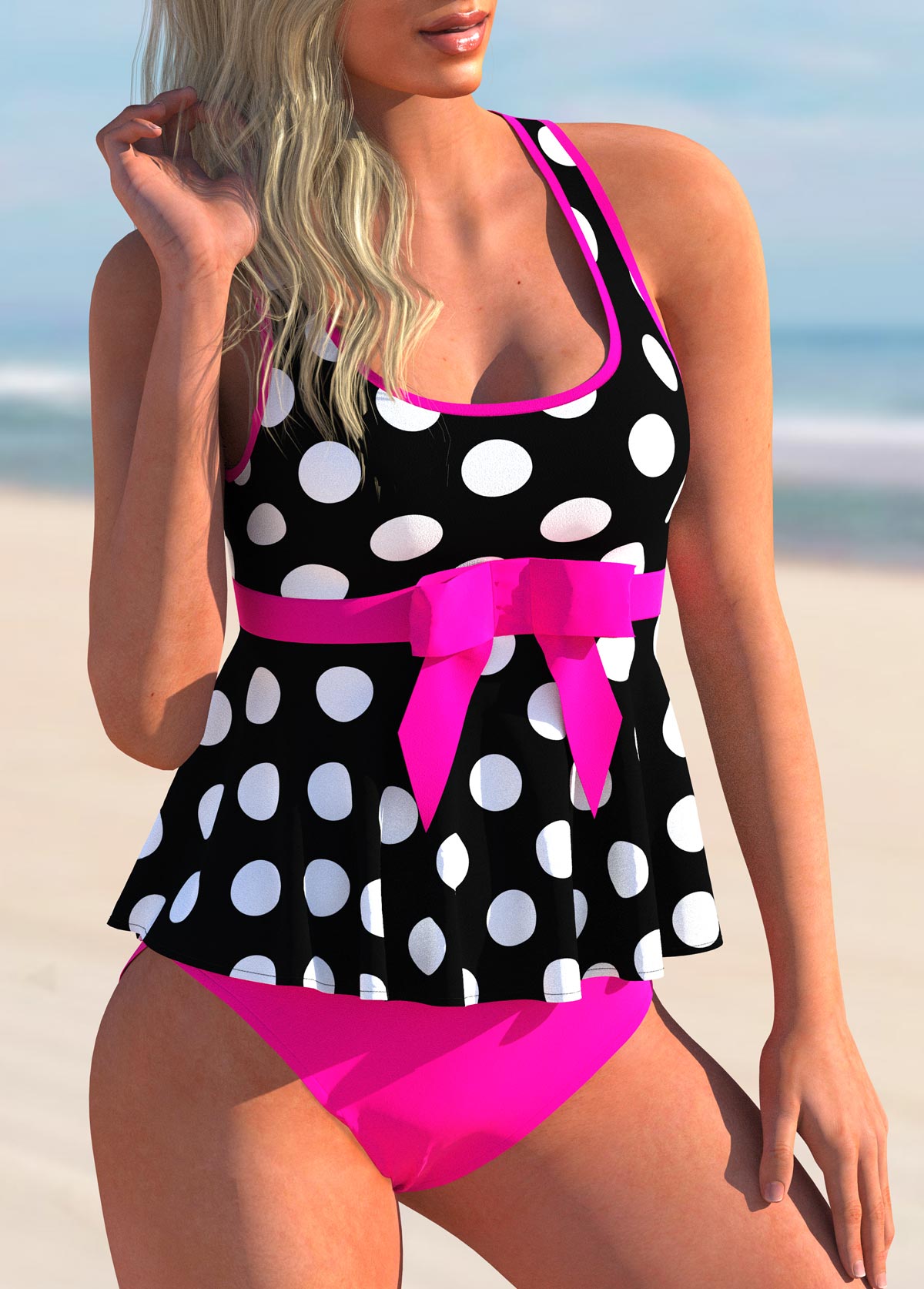Hot Pink swimwear,Dot swimwear,ROTITA Contrast Bowknot Polka Dot Tankini Set