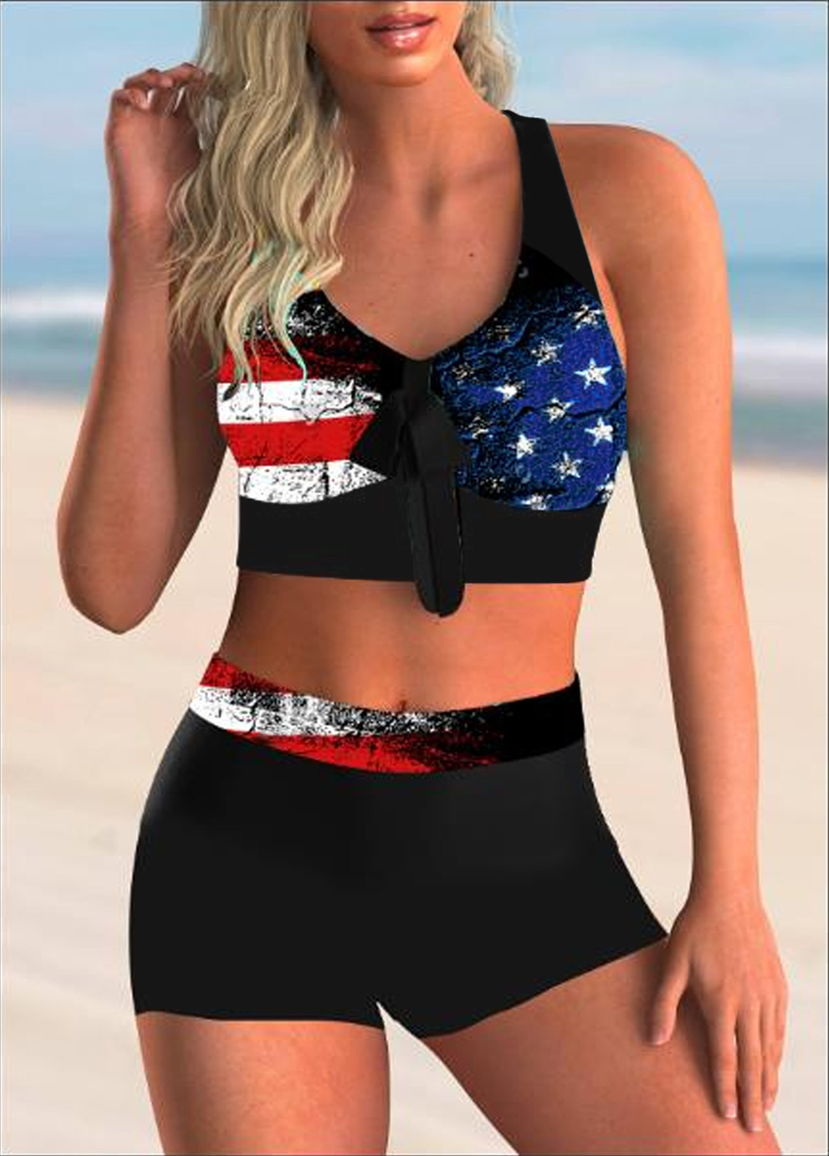 High Waist American Flag Print Bowknot Bikini Set 
