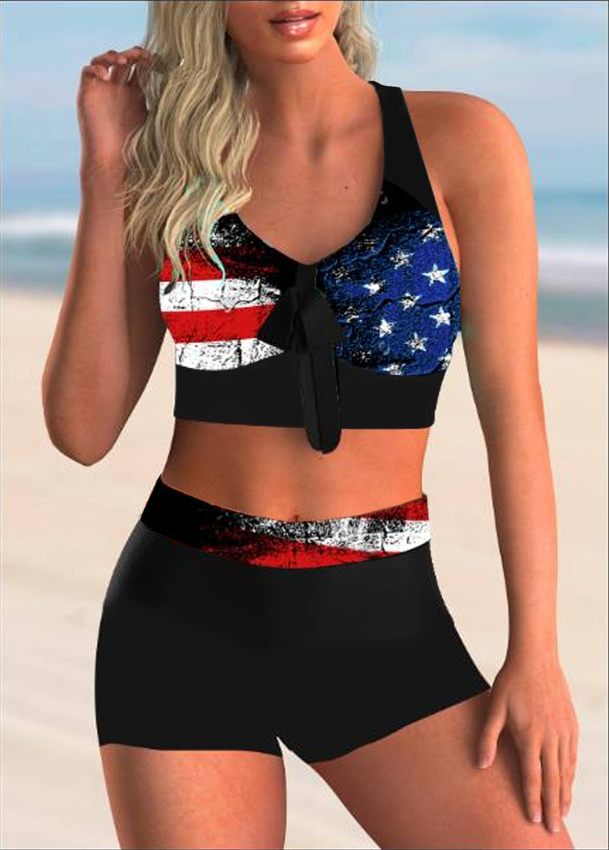 Black swimwear,Flag swimwear,High Waist American Flag Print Bowknot Bikini Set 