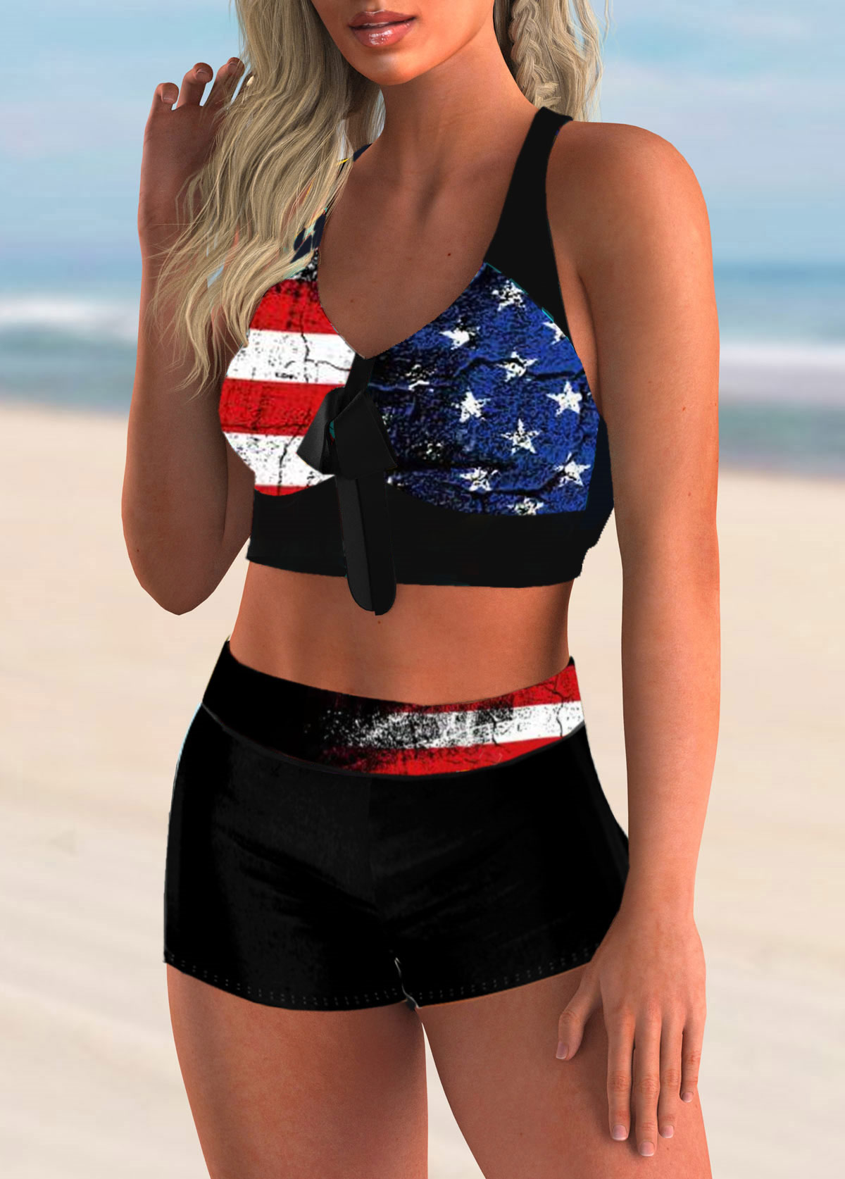 Black swimwear,Flag swimwear,High Waist American Flag Print Bowknot Bikini Set 