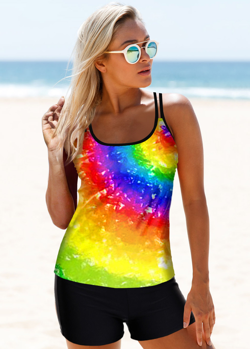 Multi Color swimwear,Dazzle Colorful swimwear,ROTITA Rainbow Color Spaghetti Strap Tankini Set