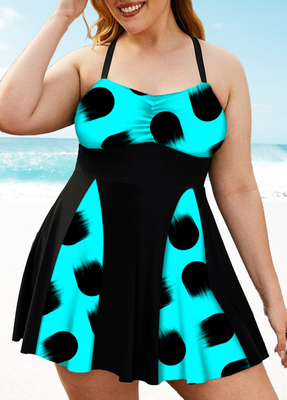 ROTITA Polka Dot Plus Size Halter Swimdress and Shorts