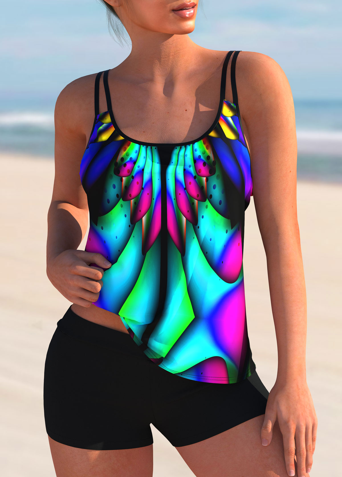 ROTITA Spaghetti Strap Colorful Printed Tankini Set 