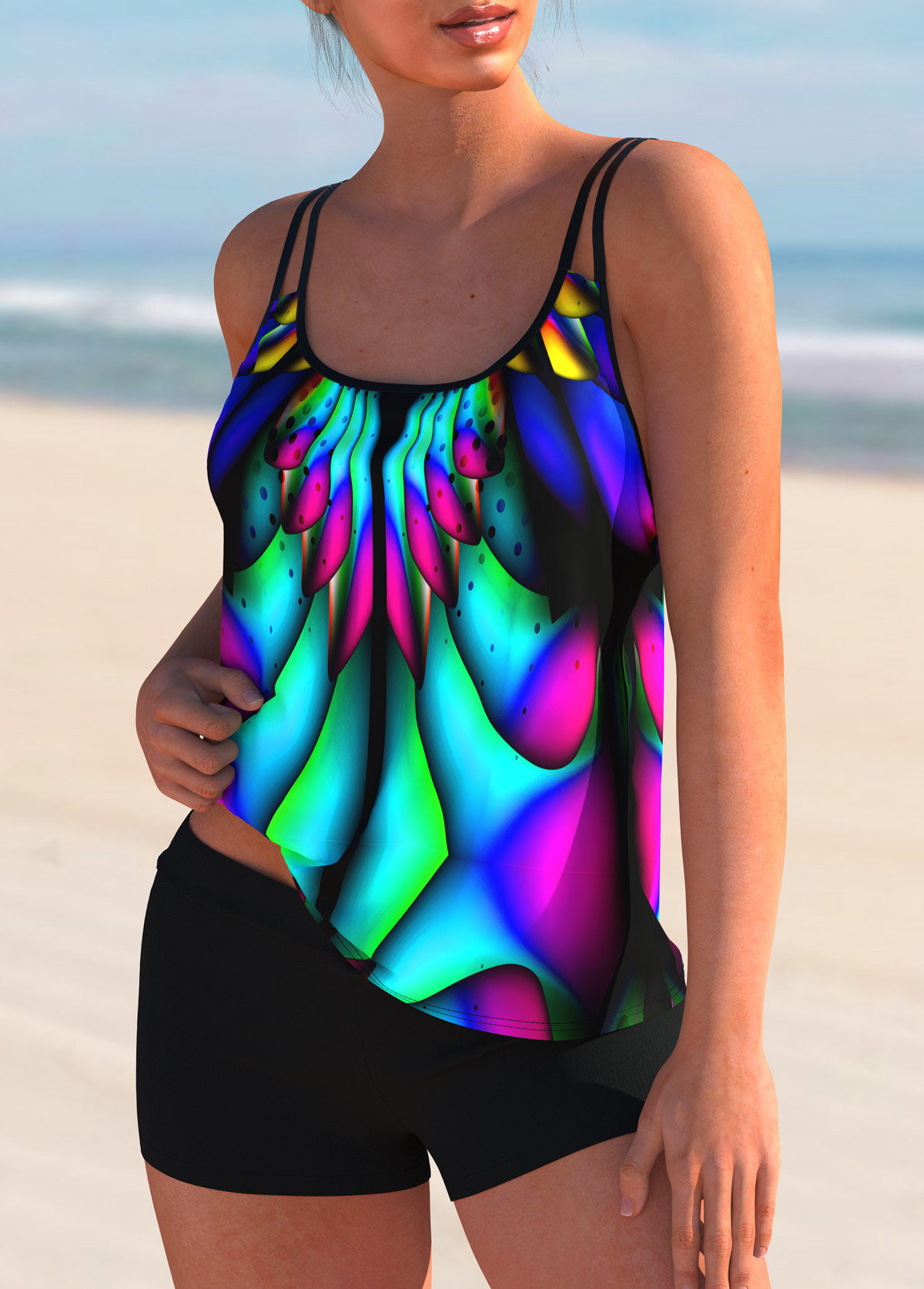 Cyan swimwear,Dazzle Colorful swimwear,ROTITA Spaghetti Strap Colorful Printed Tankini Set 