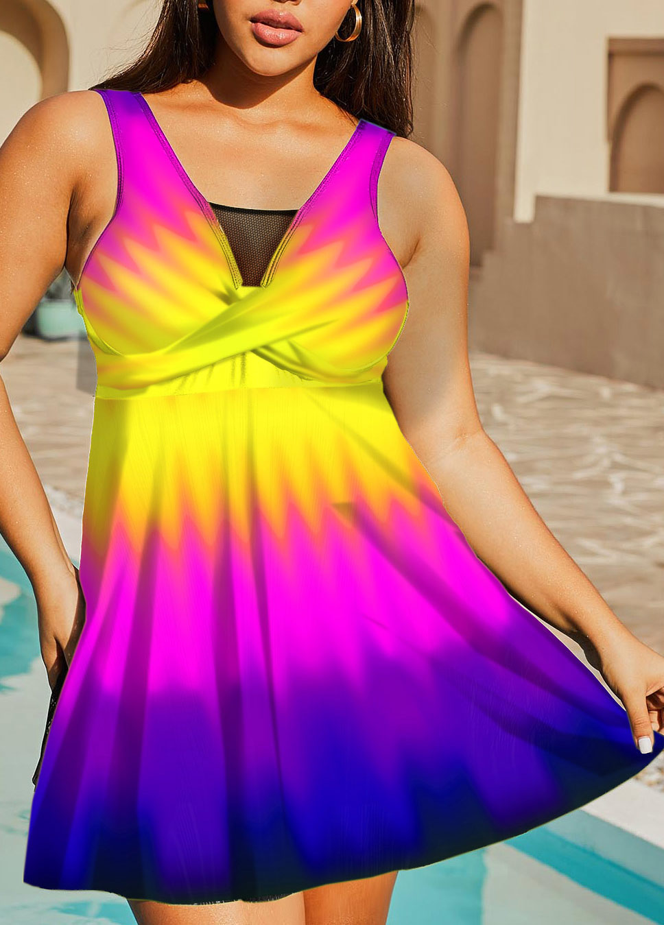 ROTITA Plus Size Colorful Ombre Printed Swimdress Top-No Bottom