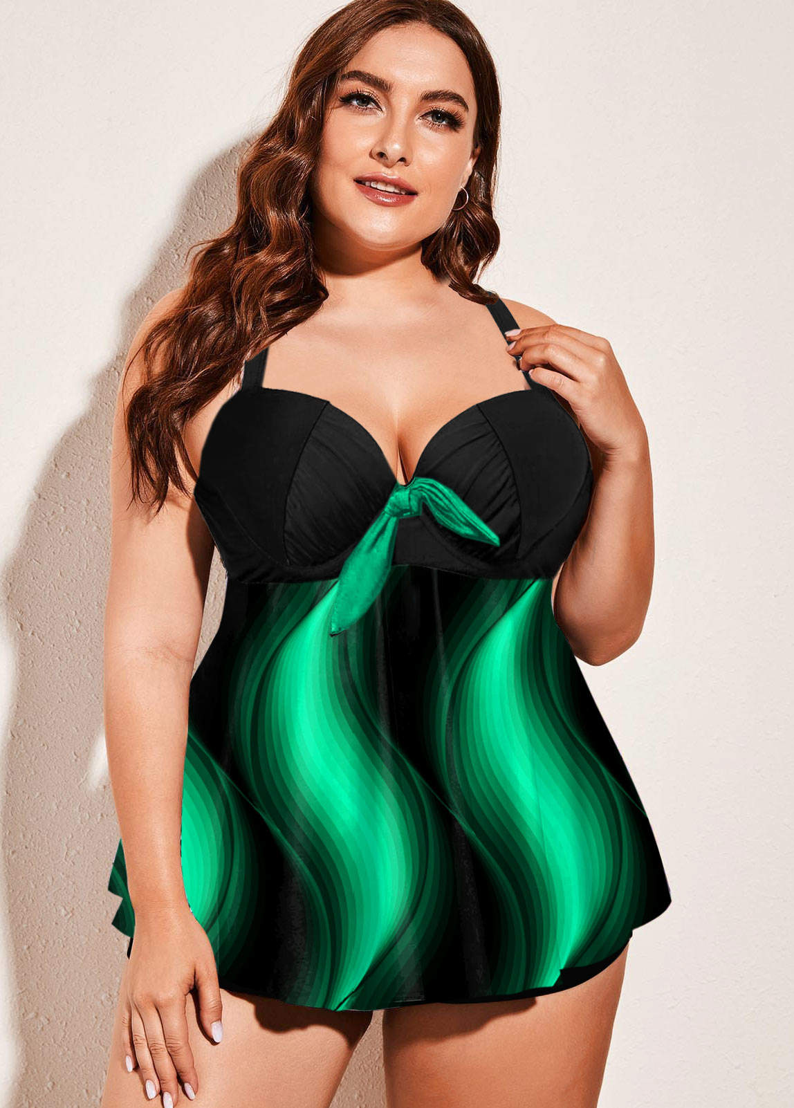 Green plus size,Floral plus size,ROTITA Spaghetti Strap Plus Size Printed Swimdress and Shorts