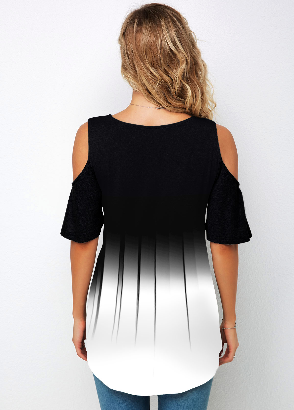 Multi Color tops,Contrast Color tops,ROTITA Color Block Cold Shoulder Round Neck T Shirt