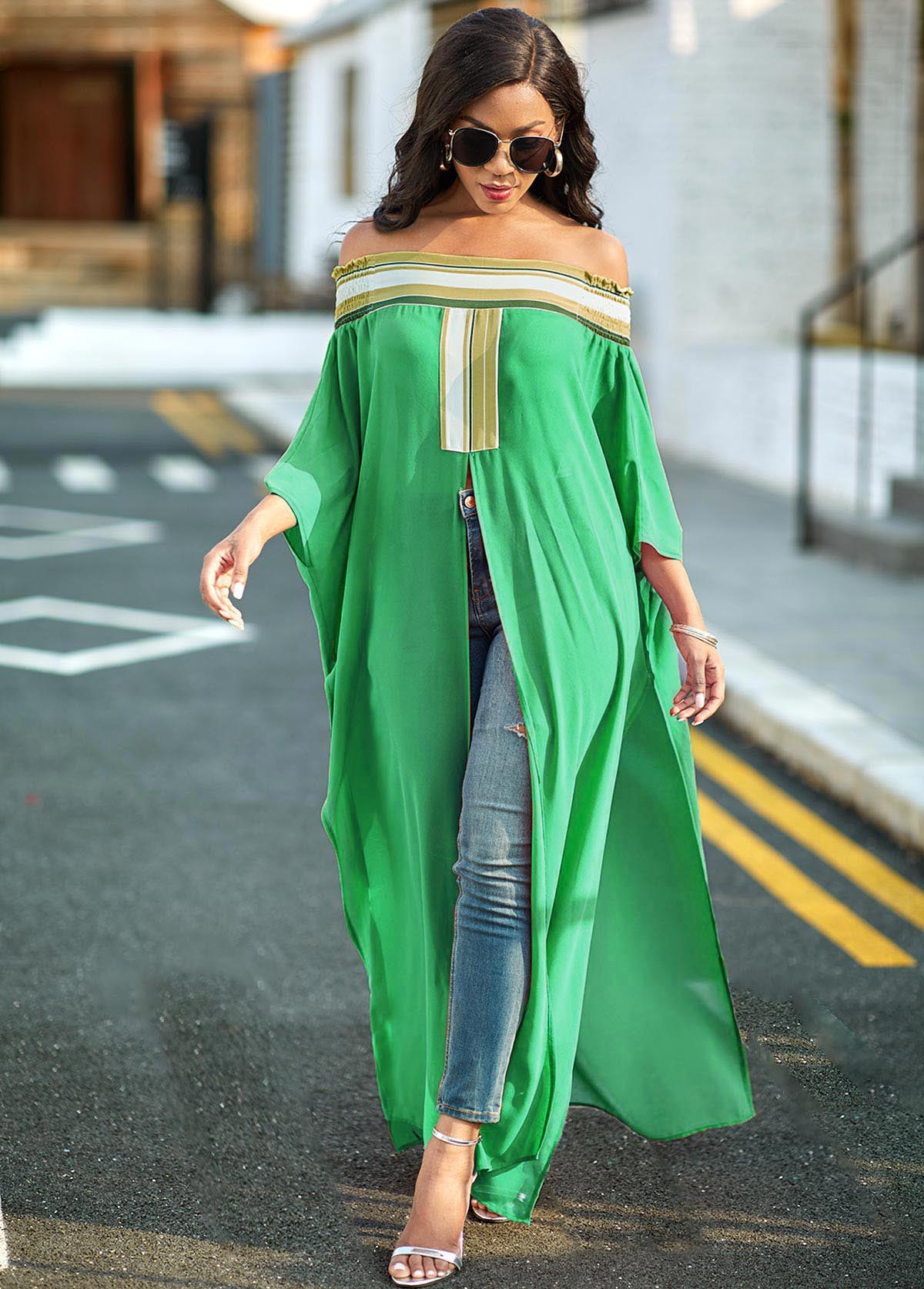 ROTITA Off Shoulder High Slit Striped Blouse