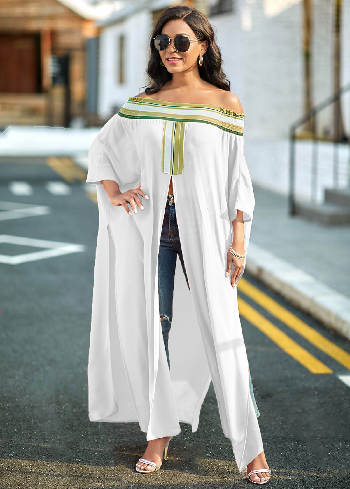 White tops,Striped tops,ROTITA High Slit Off Shoulder Striped Blouse