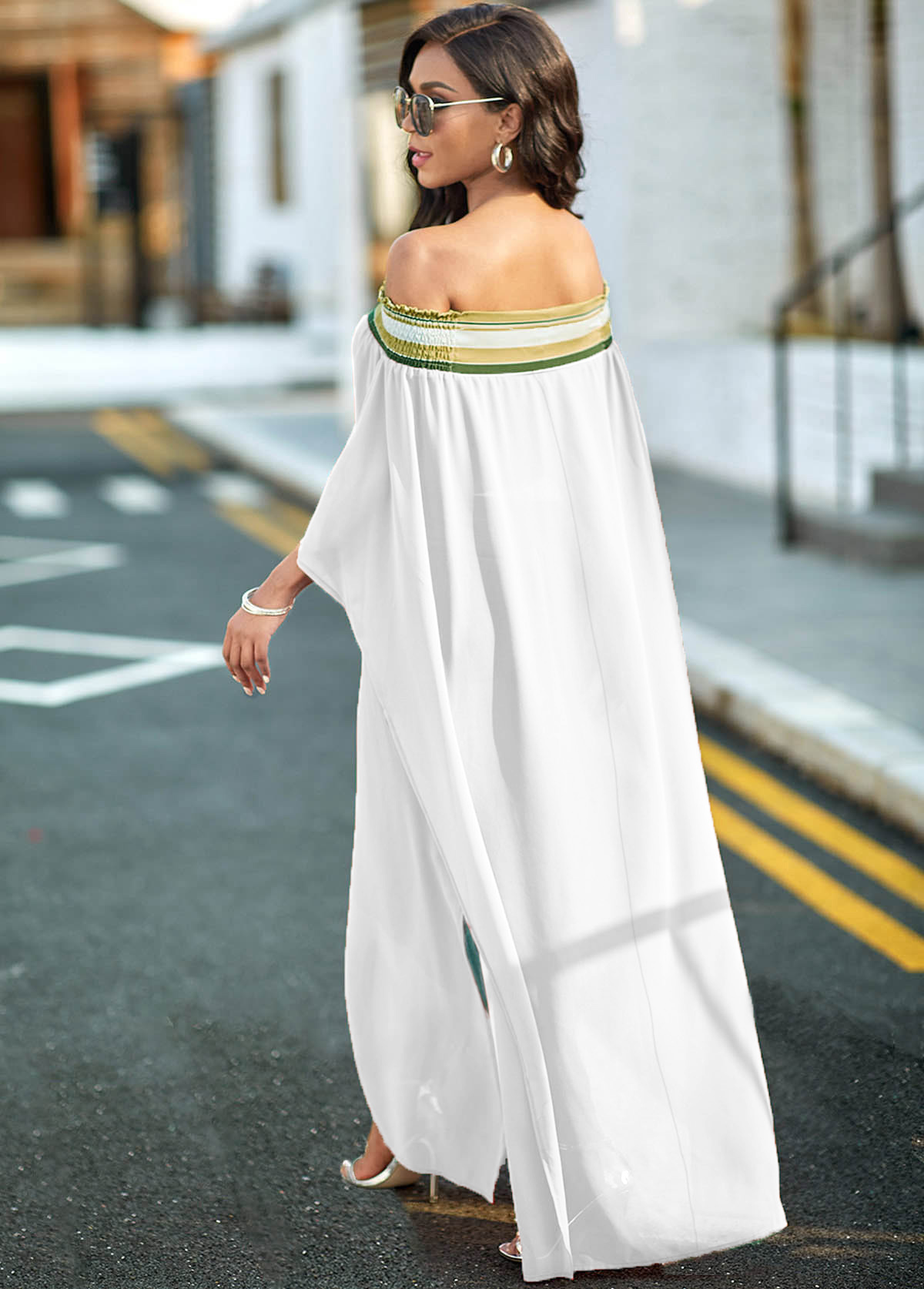 White tops,Striped tops,ROTITA High Slit Off Shoulder Striped Blouse