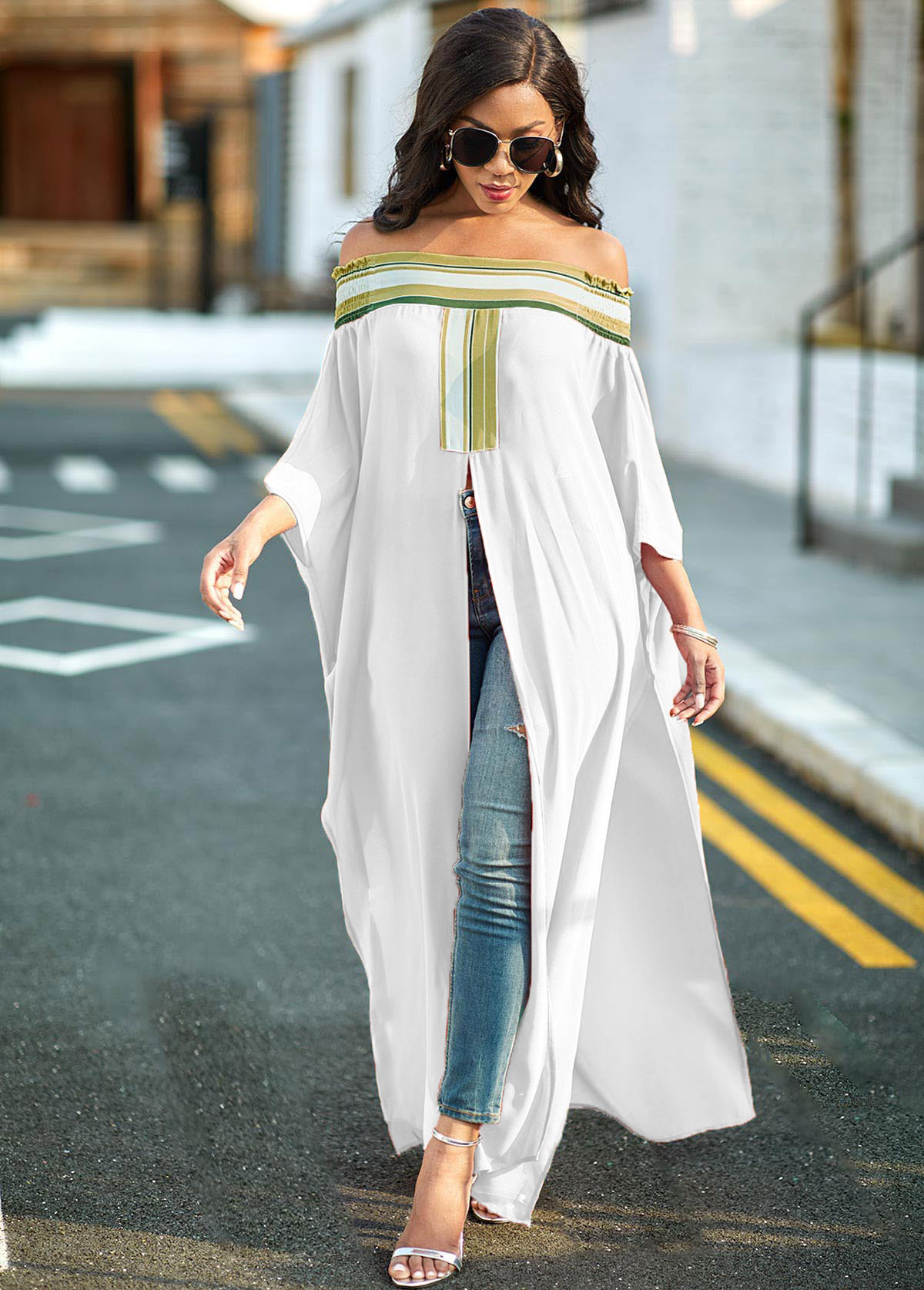 White tops,Striped tops,ROTITA High Slit Off Shoulder Striped Blouse