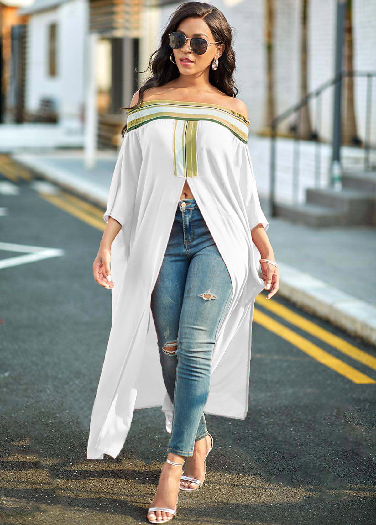 White tops,Striped tops,ROTITA High Slit Off Shoulder Striped Blouse