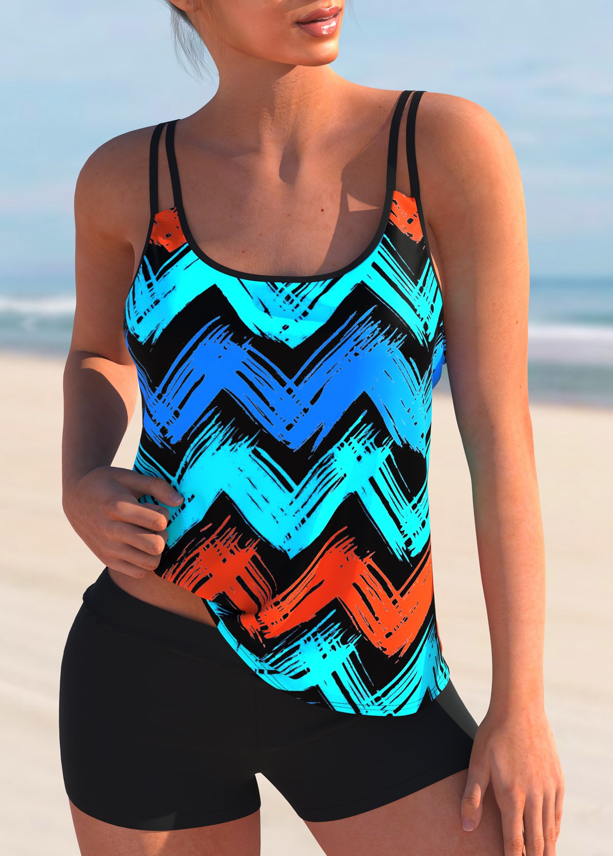 Cyan swimwear,Geometric swimwear,ROTITA Spaghetti Strap Geometric Print Tankini Set