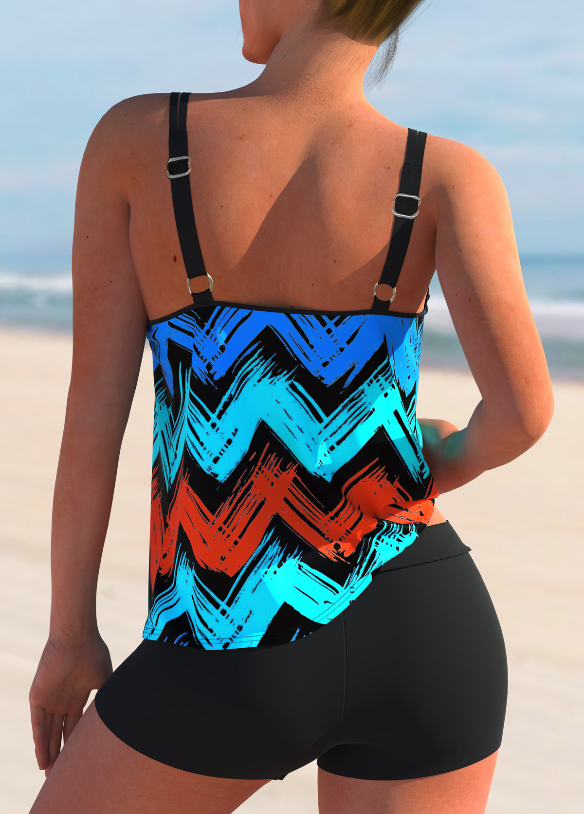 Cyan swimwear,Geometric swimwear,ROTITA Spaghetti Strap Geometric Print Tankini Set