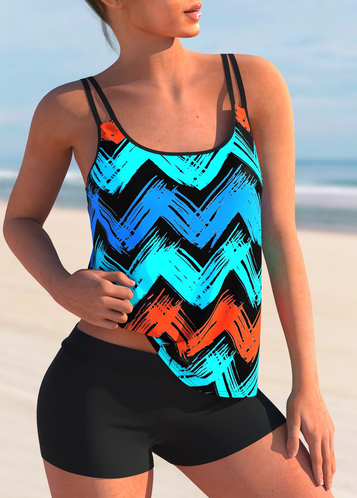 Cyan swimwear,Geometric swimwear,ROTITA Spaghetti Strap Geometric Print Tankini Set