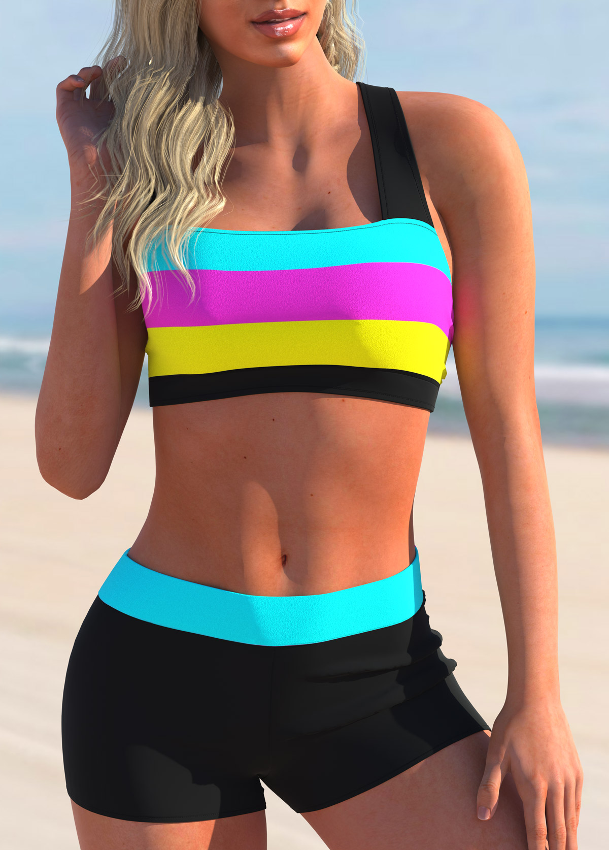 Multi Color swimwear,Rainbow Color swimwear,Striped swimwear,ROTITA Criss Cross Multi Color Dazzle Colorful Print Bikini Set