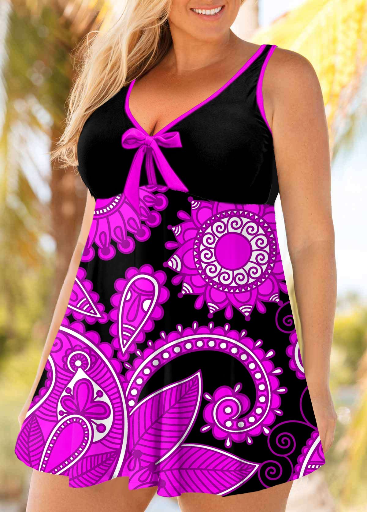 Purple plus size,Paisley plus size,ROTITA Bowknot Plus Size Paisley Print Swimdress and Panty