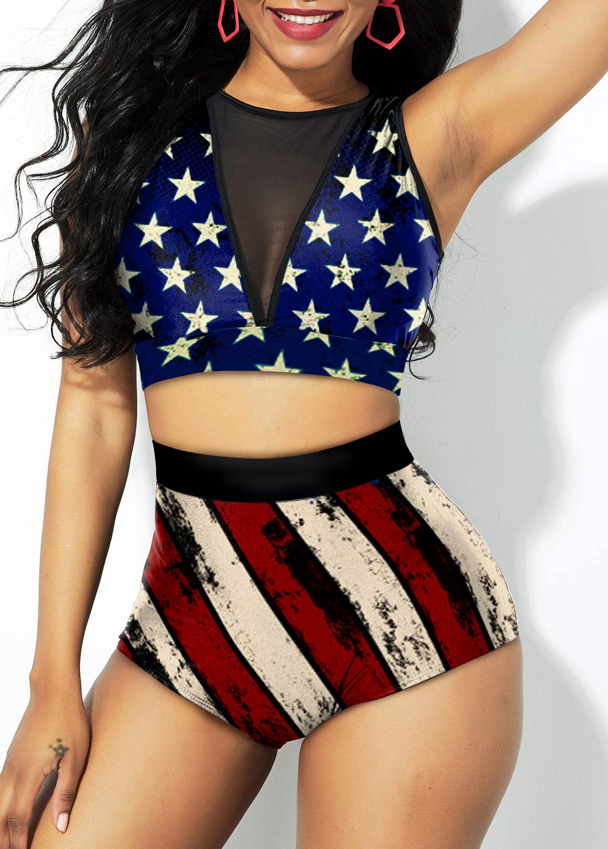 ROTITA Mesh Stitching American Flag Print High Waist Bikini Set 