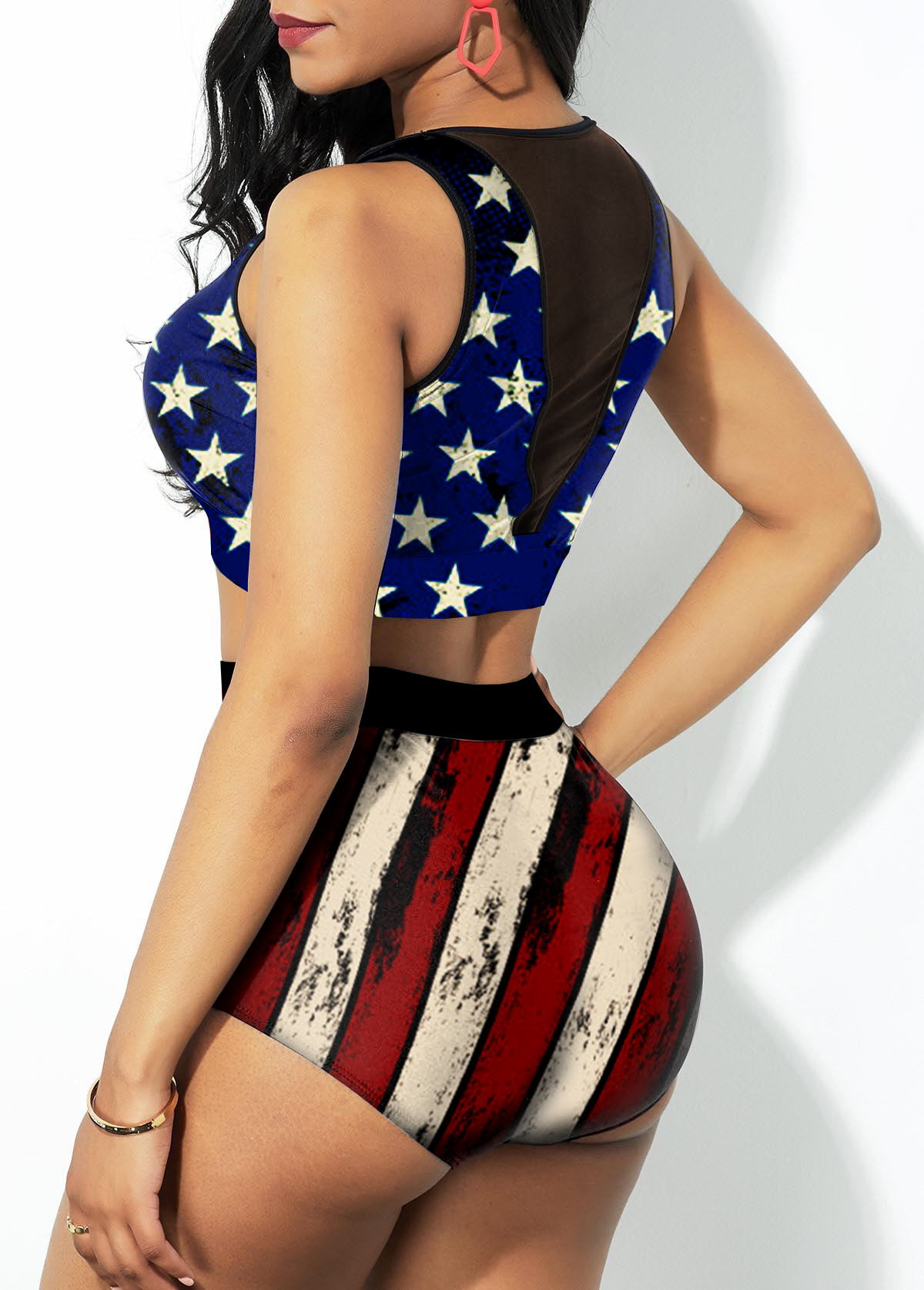 Navy swimwear,Flag swimwear,ROTITA Mesh Stitching American Flag Print High Waist Bikini Set 