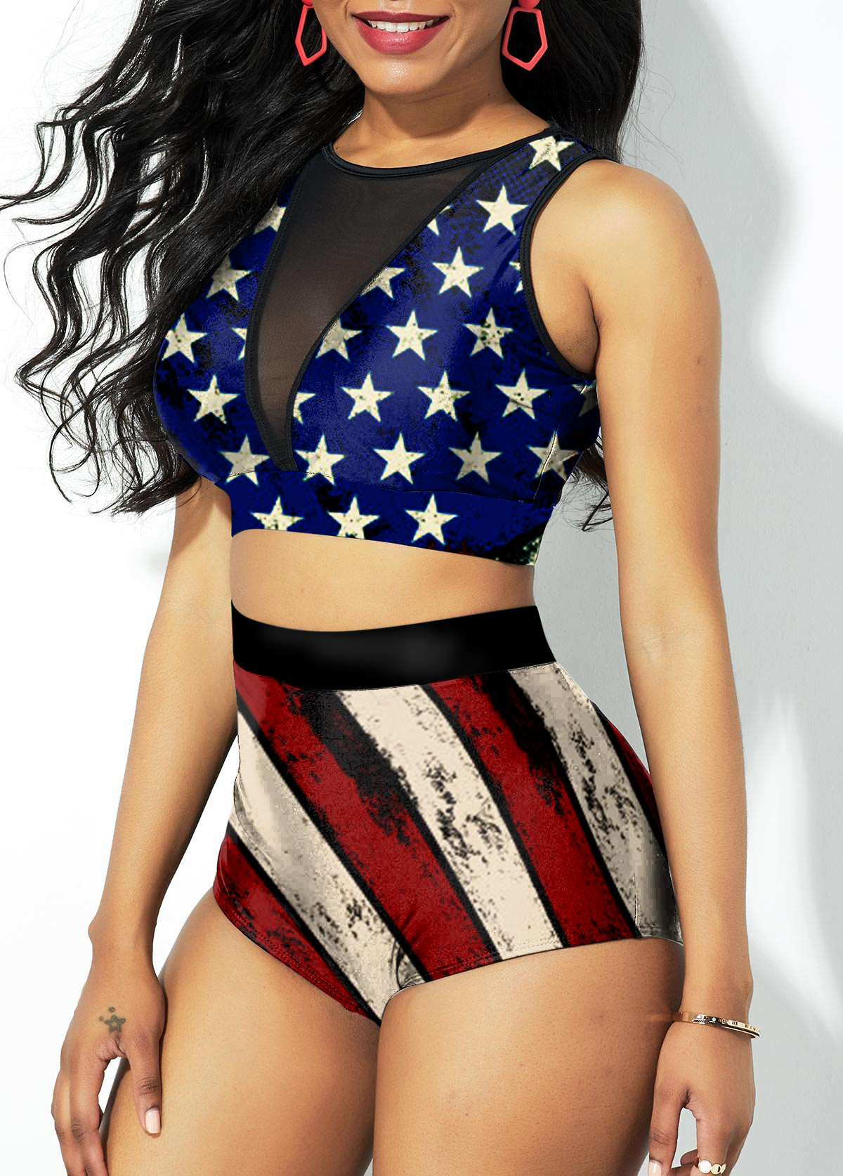 Navy swimwear,Flag swimwear,ROTITA Mesh Stitching American Flag Print High Waist Bikini Set 
