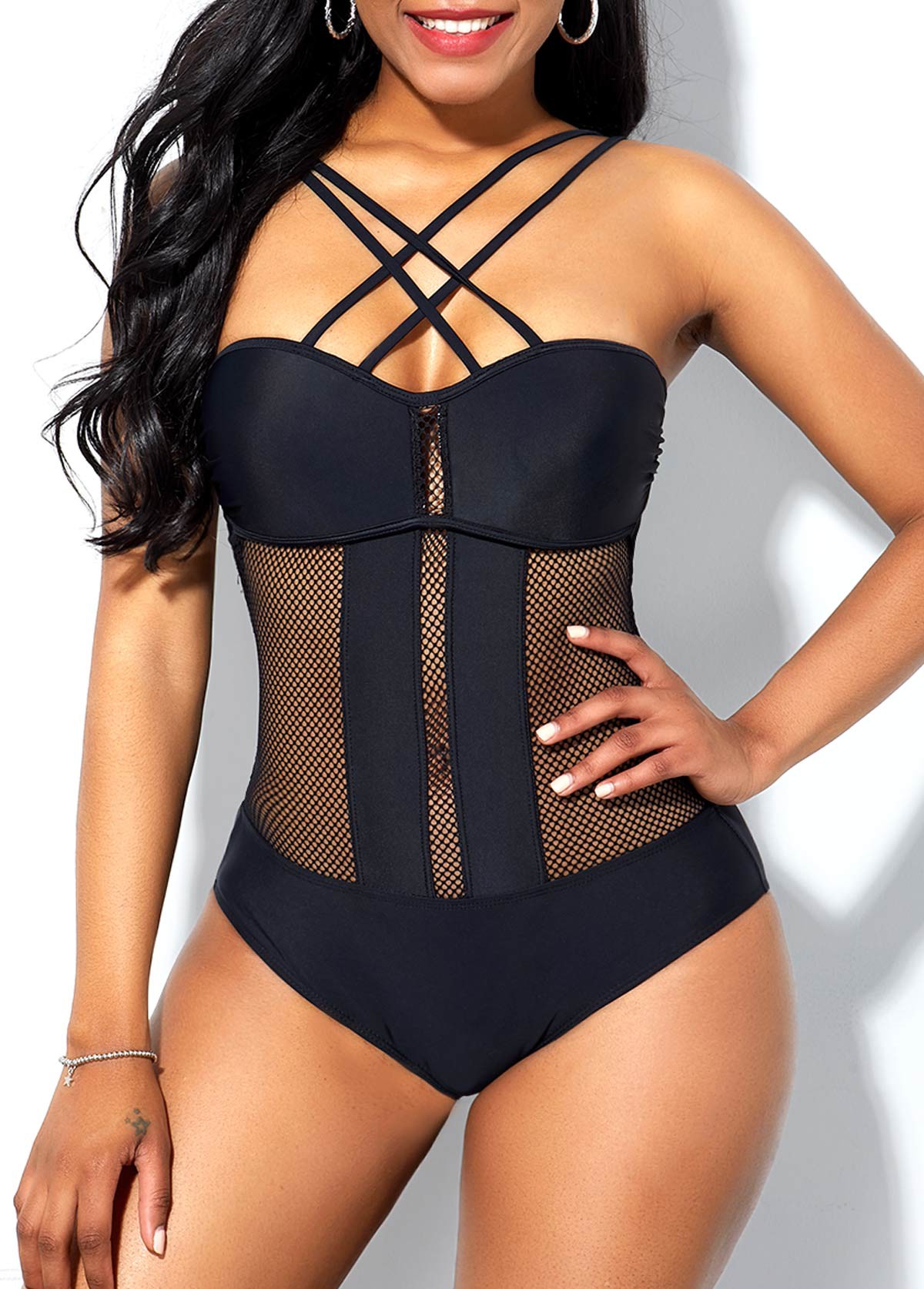 Black swimwear,Plain Color swimwear,Cross Strap Mesh Stitching Tie Back One Piece Swimwear