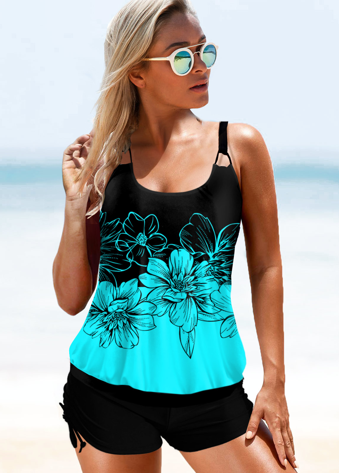 Cyan swimwear,Floral swimwear,ROTITA Spaghetti Strap Floral Print Tankini Set 