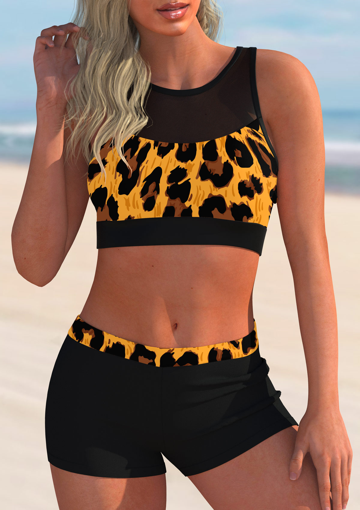 ROTITA Leopard Mesh Stitching Mid Waist Bikini Set 
